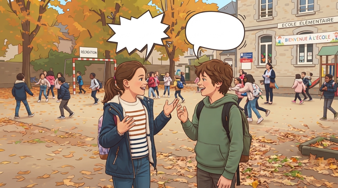 Deux élèves discutent dans la cour de récréation en automne, avec des bulles de bande dessinée vides au-dessus de leurs têtes